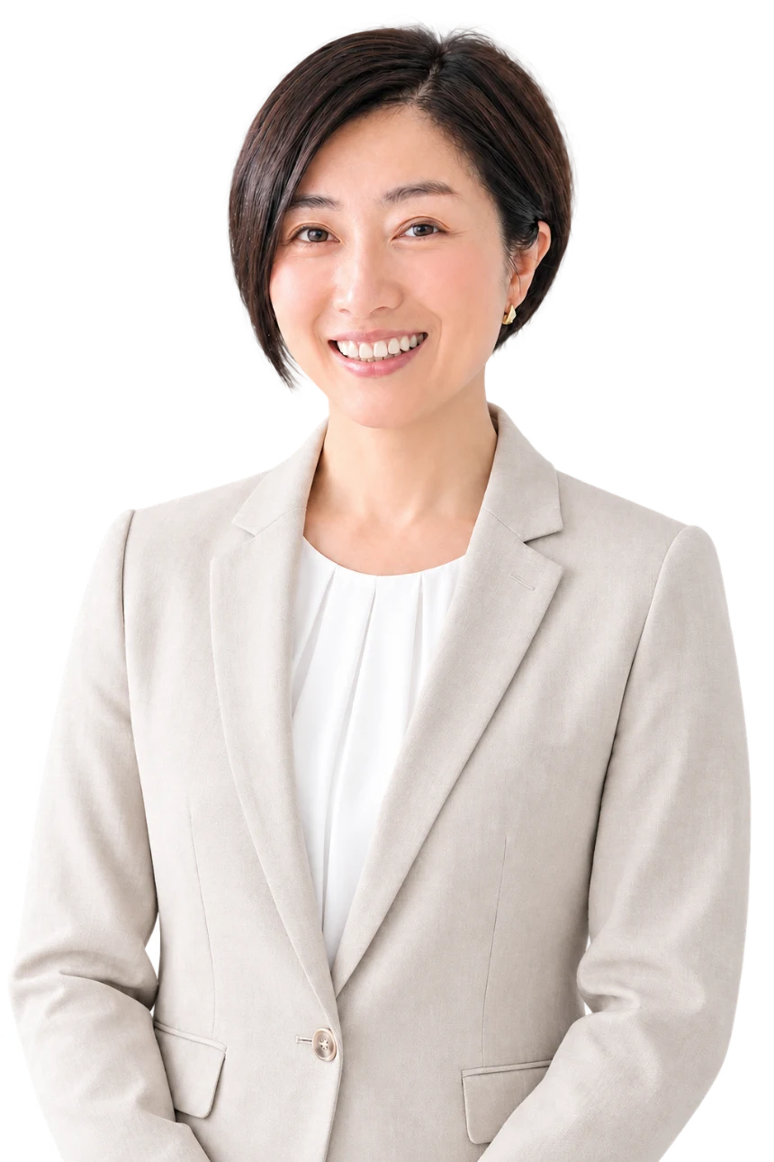 Kanako, a qualified Japanese-language teacher holding a notebook